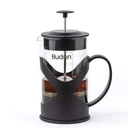 Budan French Press Coffee Brewer and Tea Maker 600ml with 4 Level Filtration System, Heat Resistant Borosilicate Glass with level marking, Clear Glass.
