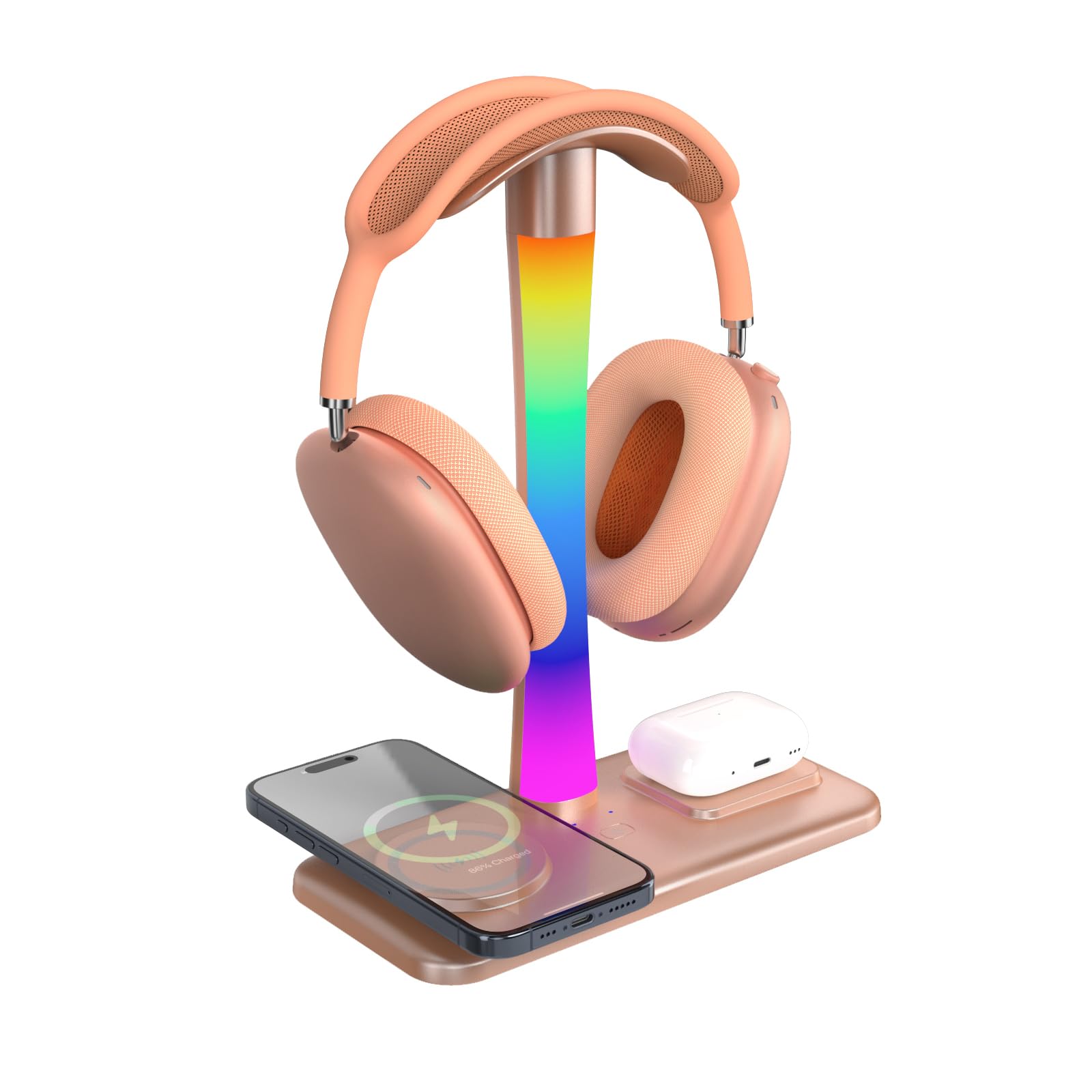 Tascaquin Supporto Per Cuffie con Caricabatterie Wireless, Per Cuffie Da Gioco con Luce RGB,Supporto Per Airpod Max Compatibile con Airpod Pro/3/2,iPhone 16/15/14/13/12/11,Regali per Giocatori (Oro)