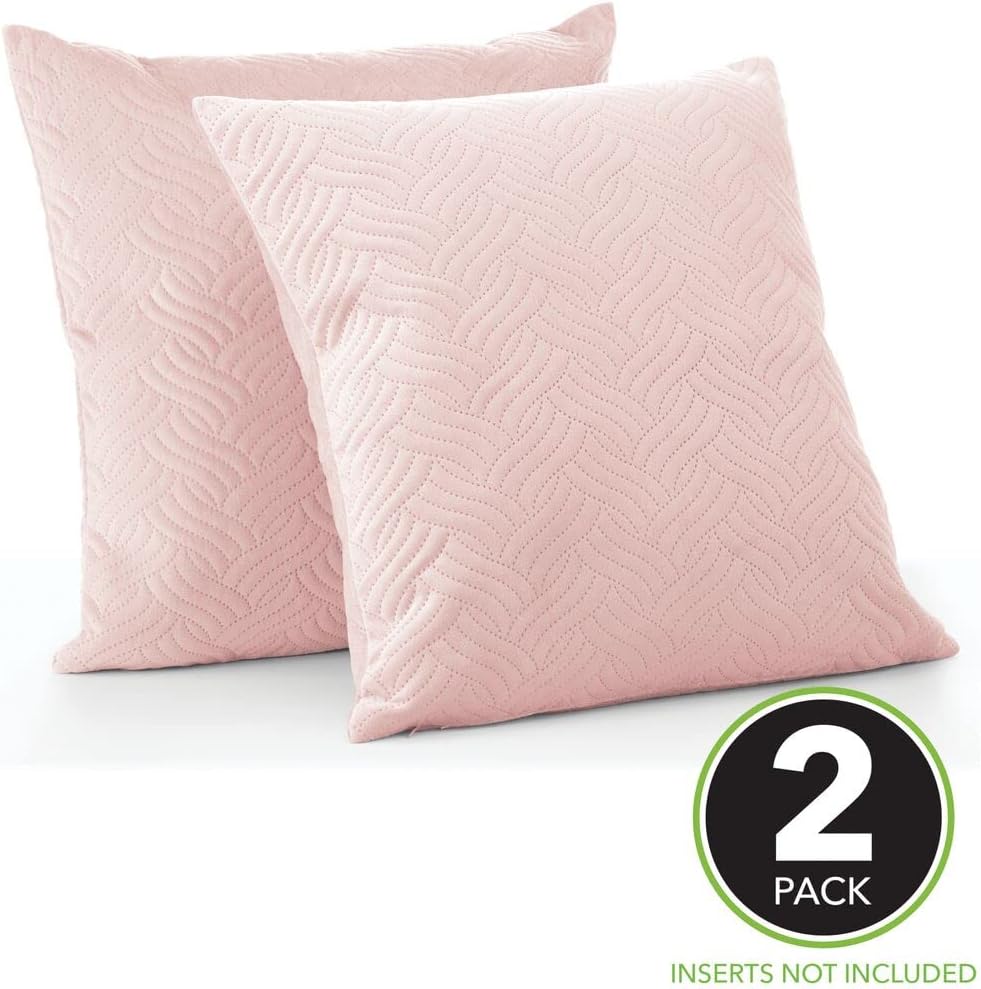 mDesign Decorative Hypoallergenic Polyester Quilted Velvet Square Throw Pillow Cover - Protects Pillows, Use on Beds, Sofas, Couches - 18 x 18 Inches, Pack of 2 - Blush/Pink