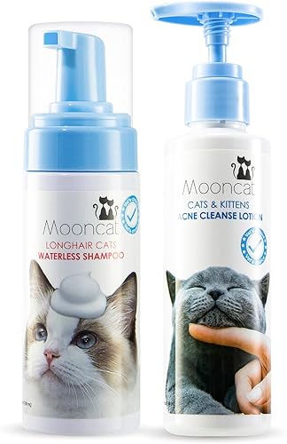 Mooncat Paquete completo de cuidado de la piel y el pelaje del gato: champú para gatos sin agua (5 onzas) + loción de tratamiento de barbilla para
