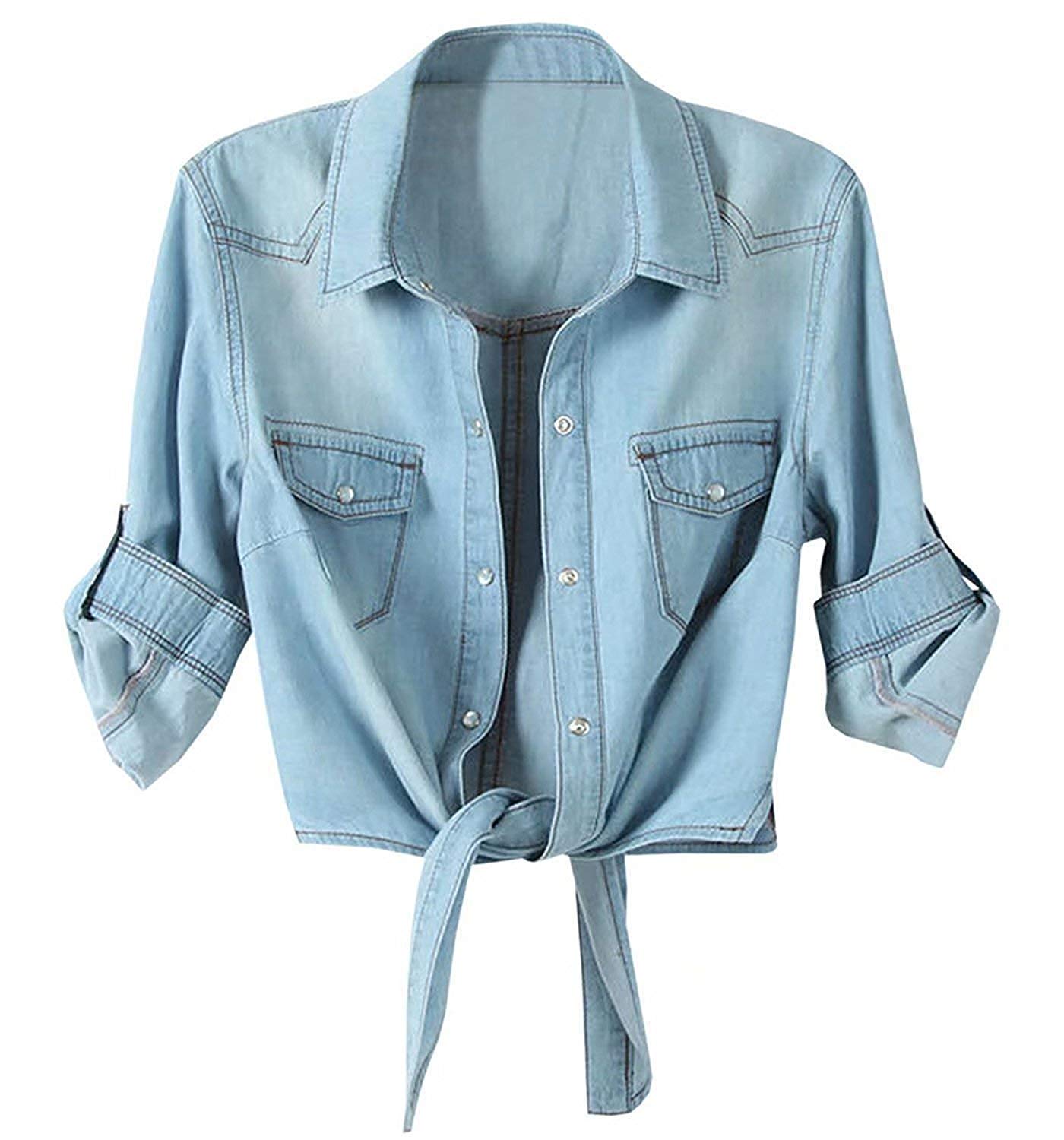 LATUDWomen's 3/4 Sleeve Crop Top Tie Front Denim Shirt Cardigan