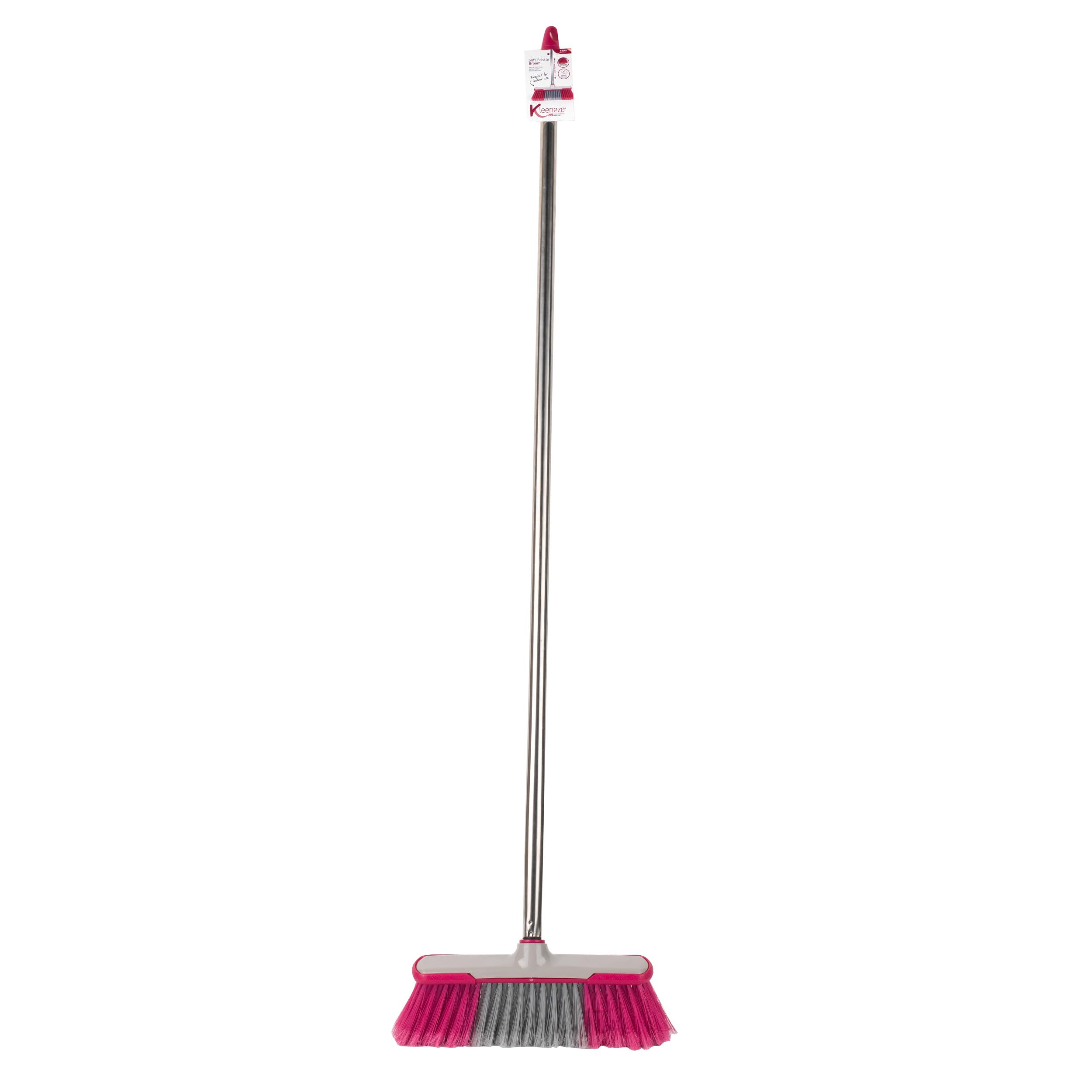 Kleeneze KL062437EU Soft Bristle Broom - Removes Dirt & Dust, Scratch Free Bristles, Extra Long 1.2 M Handle, Stainless Steel, For Hard Floors, Kitchen/Bathroom Sweeping, Compact Head, Pink/Grey