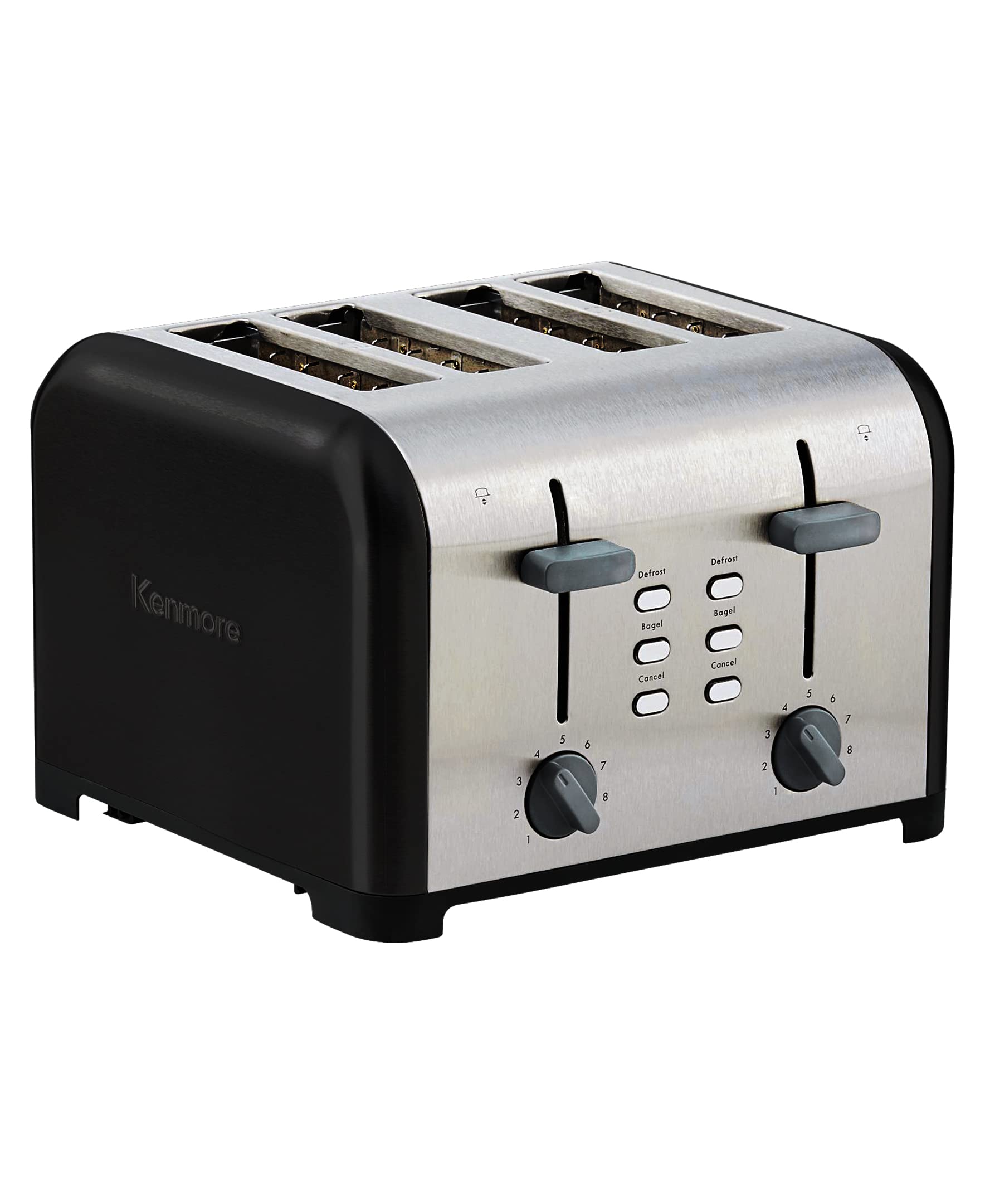 Kenmore 4-Slice Stainless Steel Toaster, Black & Silver, Dual Controls, Extra Wide Slots, Bagel & Defrost, 9 Browning Levels, Removable Crumb Trays, For Bread, Toast, English Muffin, Toaster Strudel