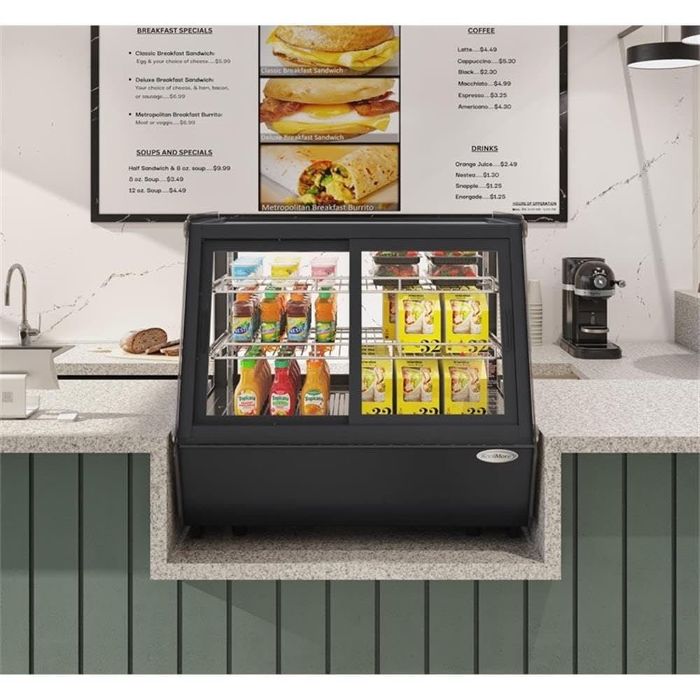 Pemberly Row 28" Countertop Display Refrigerator, Black Finish, 3.8 Cu. Ft, Self-Service Bakery Case with LED Lighting, Glass Front, Digital Temperature Control, Ideal for Baked Goods and Desserts on Fridge.com