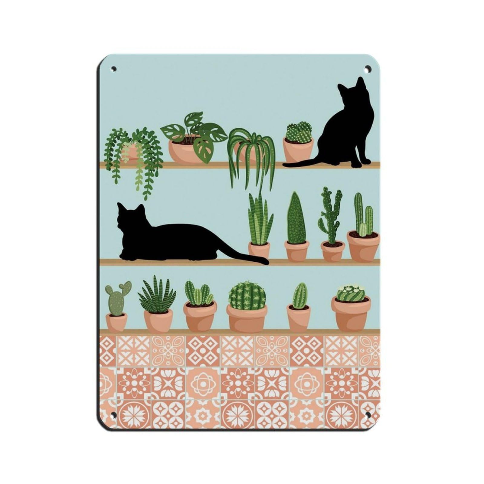 Cat And Plants, Cactus, Boho Botanical Retro Poster Metal Tin Sign Chic Art Retro Iron Painting Bar People Cave Cafe Family Garage Poster Wall Decoration 12x16inch(30x40cm)