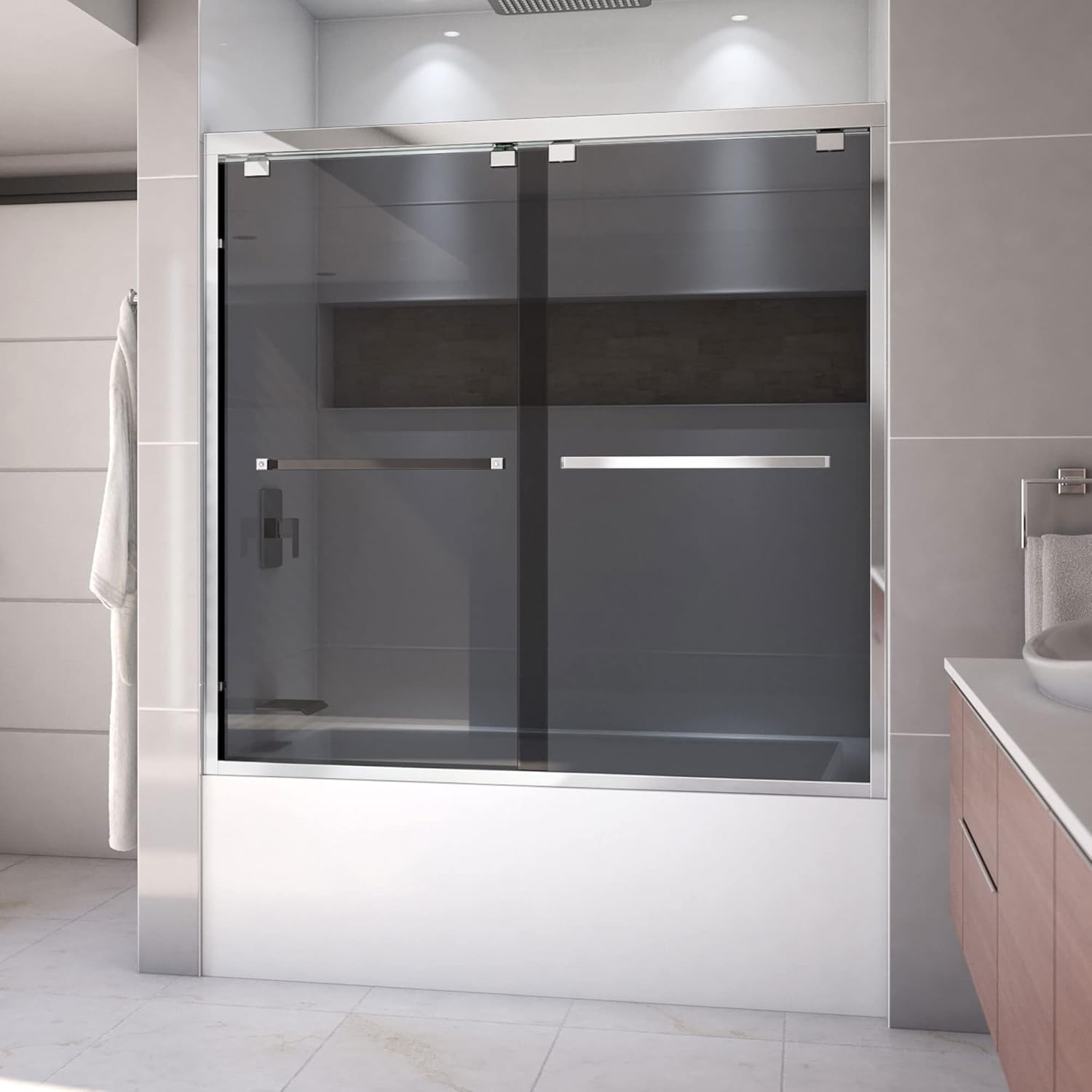 DreamLine Encore 56-60 inch W x 58 inch H Semi-Frameless Bypass Tub Door in Chrome and Smoke Gray Glass