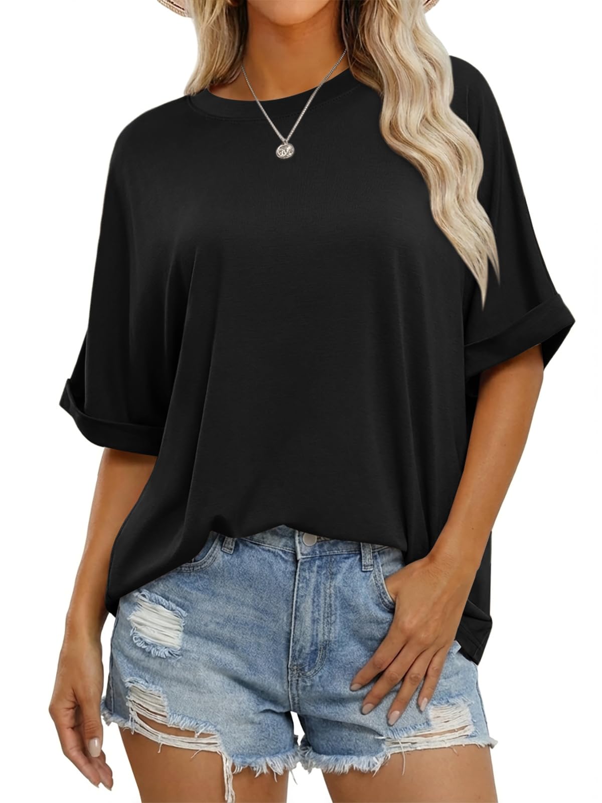 Cicy Bell Damen Oversize T Shirt Rundhals Kurzarm Tops Sommer Casual Loose Fit Oberteile Bluse.