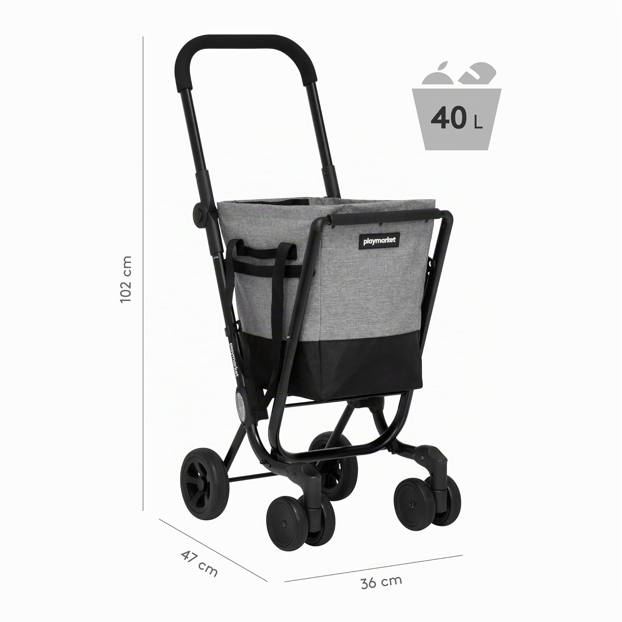 Playmarket Easy Go Carrello della spesa pieghevole con borsa rimovibile (Black-Grey)