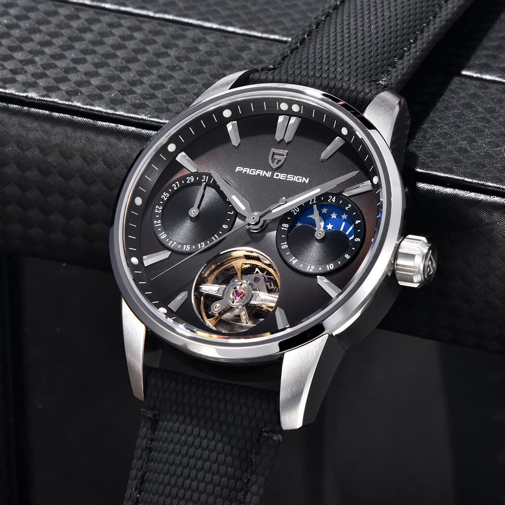 Pagani Design - Reloj automático de lujo para hombre, diseño de esqueleto Tourbillon, fase lunar, acero inoxidable, 100 m, correa de cuero, reloj mecánico para hombre