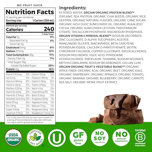 Image of Orgain Organic Nutritional Vegan Protein Shake, Smooth Chocolate - 16g Plant Based Protein, Meal Replacement, 22 Vitamins & Minerals, Fruits & Vegetables, Gluten Free, Non-GMO, 11 Fl Oz (Pack of 12)