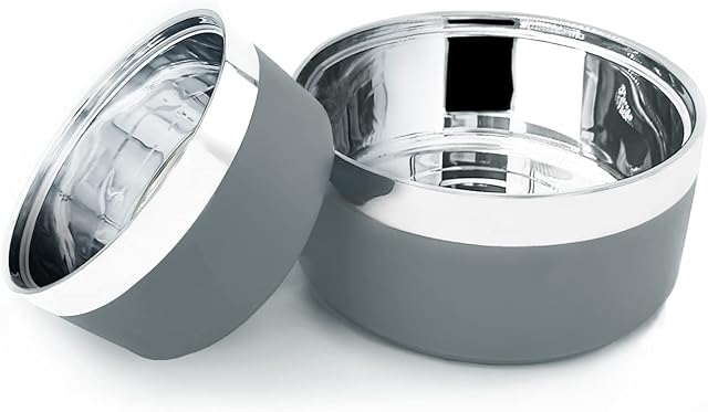 YUDANSI 2Pack Dog Bowls, 1100ml+1500ml, Double Wall Feeder Dog Bowl Food Water Bowls With Non-Slip Silicone Sole, Stainless Steel Dog Bowls Pet Dishes For Small Medium Large Dogs (Gray)