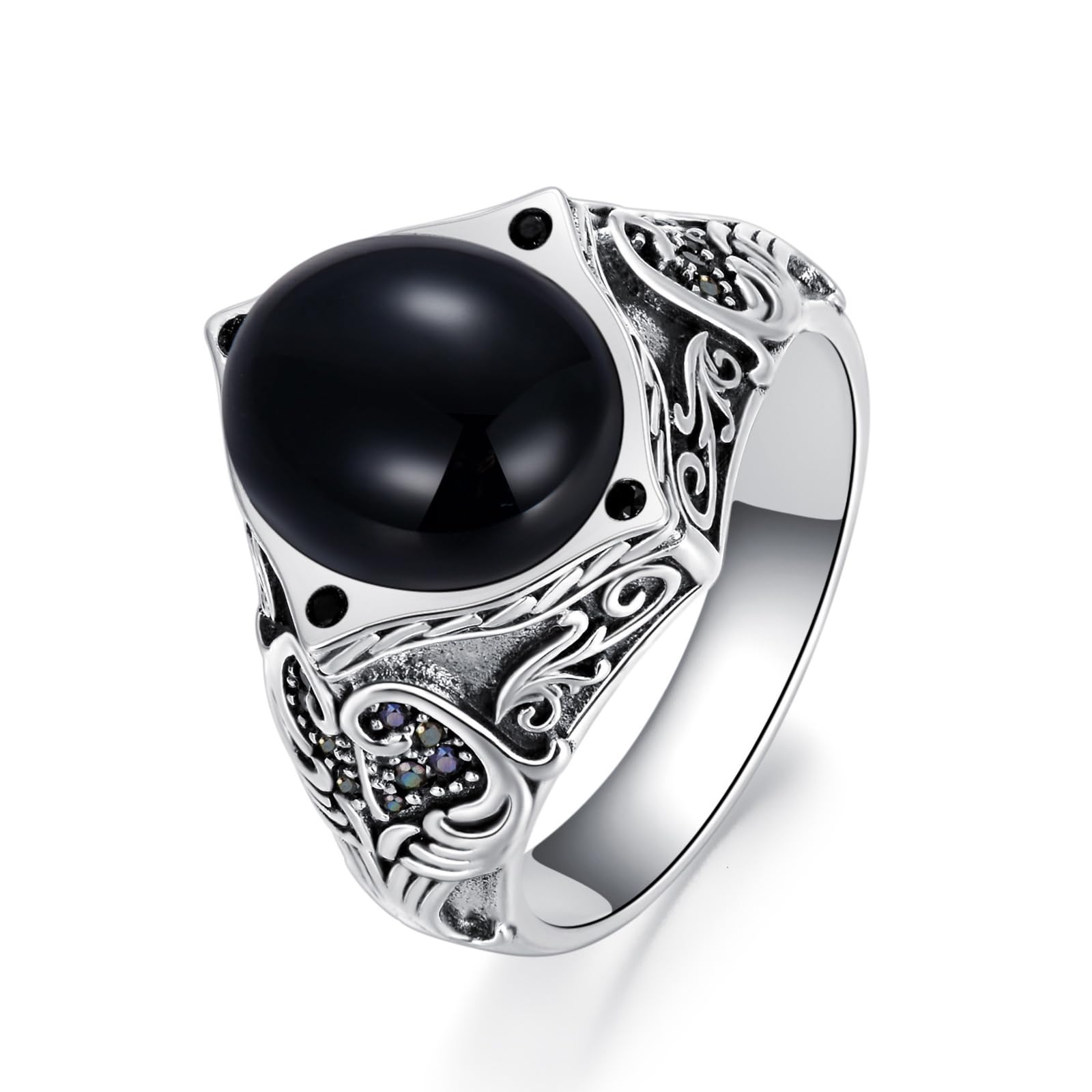 GDHKDDFL Gemstone rings, 5ct Black Oval Gemstone Ring 925 Sterling Silver Punk Biker Onyx Men's