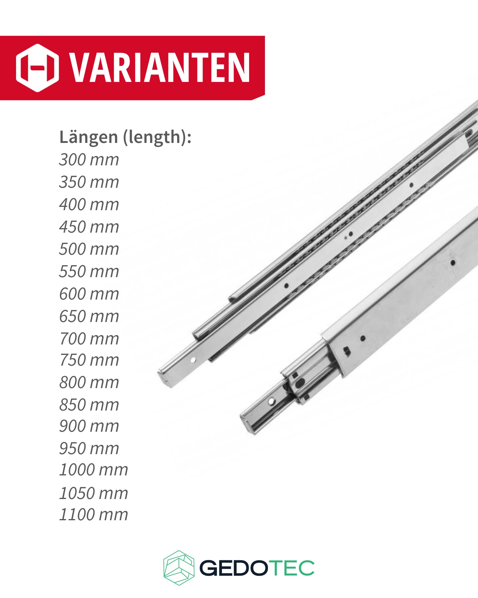 Gedotec Carriles para cajones con guía de bolas, 1 par de guías para cajones de acero, guías telescópicas de 800 mm, sistema de rieles galvanizados, capacidad de carga 100 kg