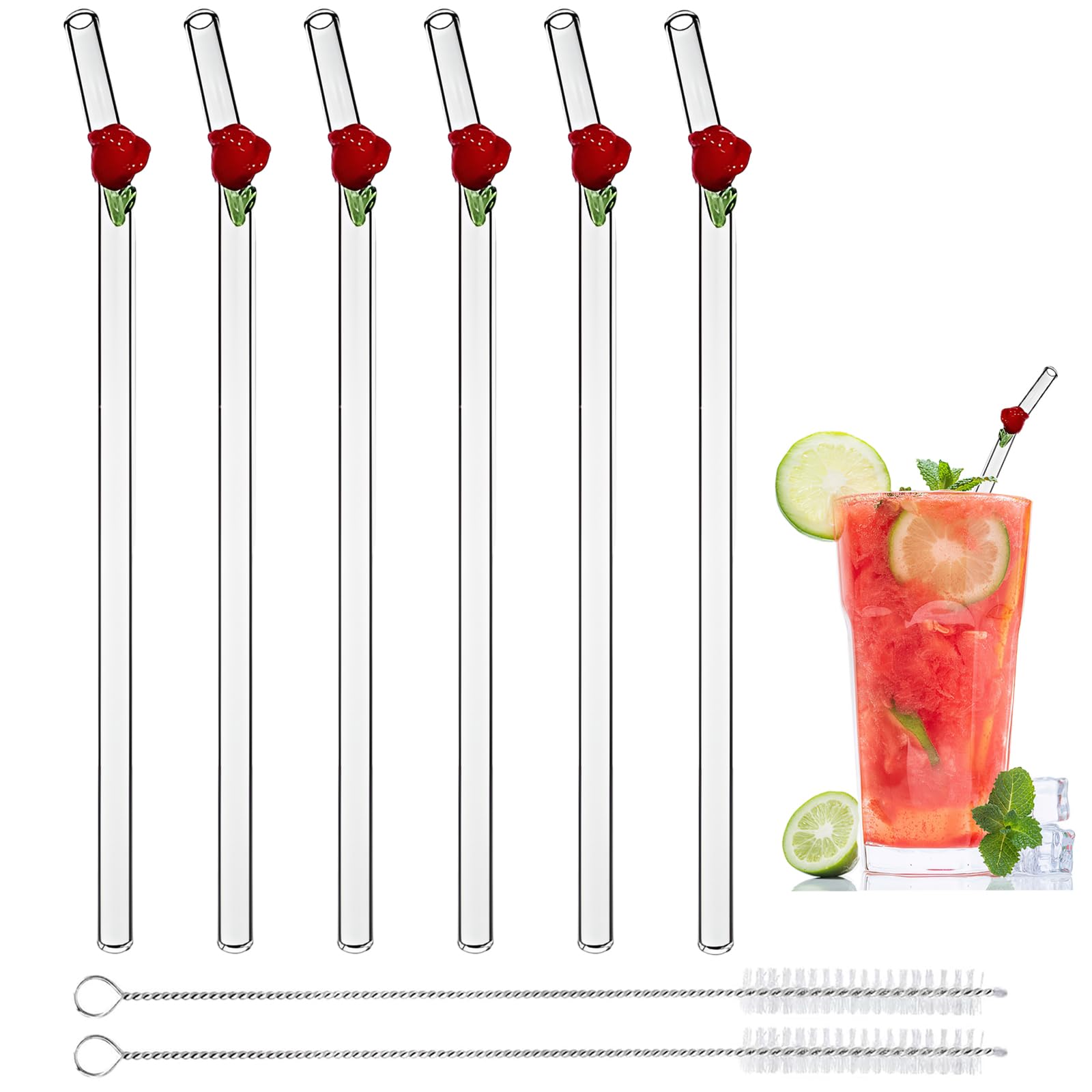 Reusable Glass Straws with Charms, 7.9'' x 8mm Cute Clear Drinking Straws for Smoothies, Coffee, Juice, Milk, Cocktails, Set of 6 Bent and 2 Cleaning Brushes (Red Roses) โ image 1