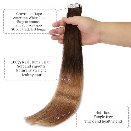 Miniatura 2 de Sindra Extensiones de cabello humano adhesivas, color marrón chocolate mezclado con rubio caramelo, 20 pulgadas, 20 piezas de 1.76 oz, extensiones