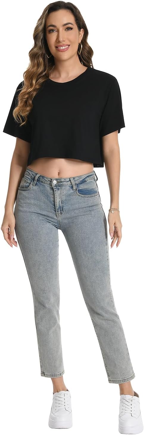 Femdouce 4 Pack Women's Workout Crop T Shirts Cotton Round Neck Short Sleeve Tops Trendy Casual Athletic Running Tees - Image 4