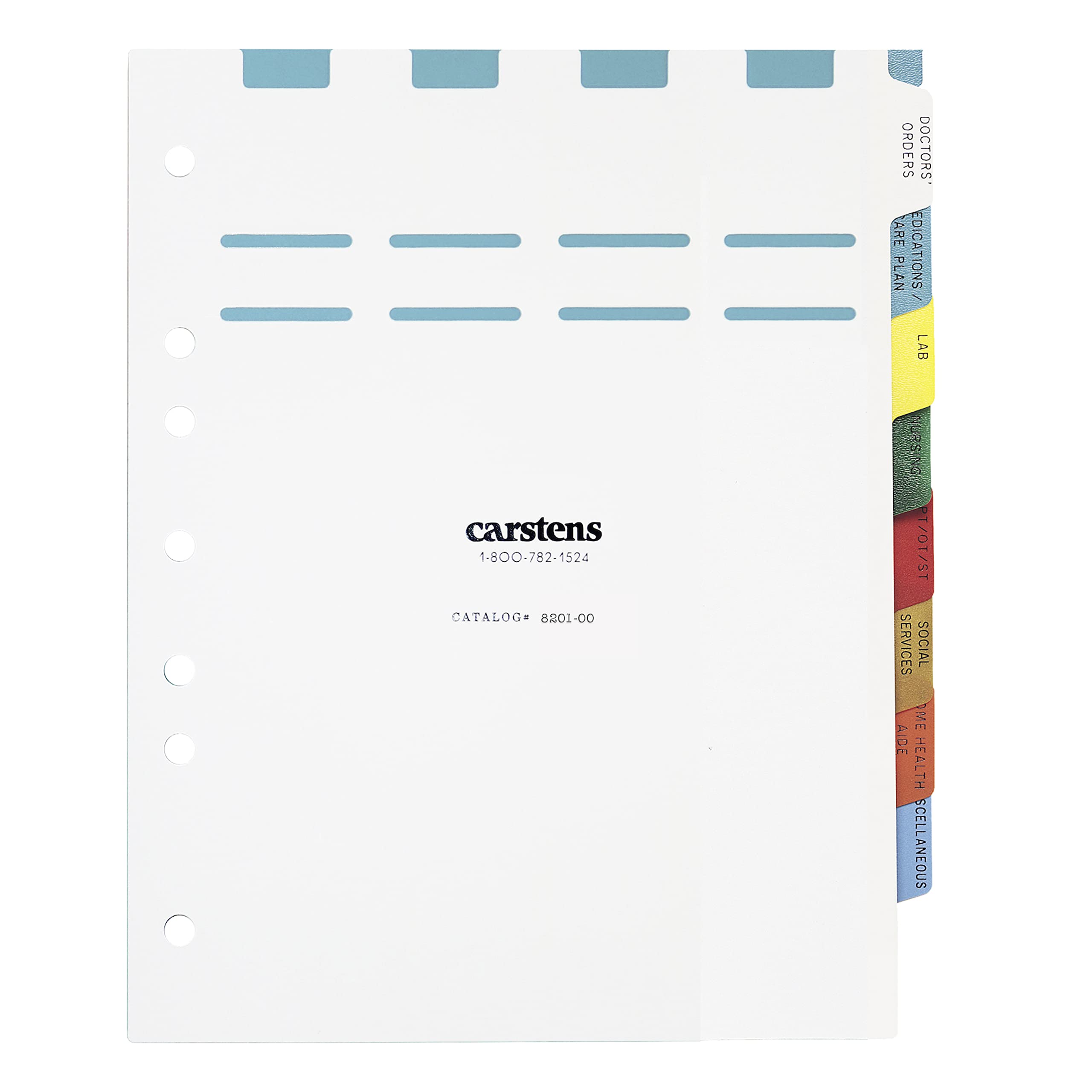 Carstens Heavy Duty Plastic at-Home Healthcare Divider Set, 8-Tab, with Pull Tab Die Cuts, Multi-Color, for Side-Opening 3-Ring and 5-Ring Binders