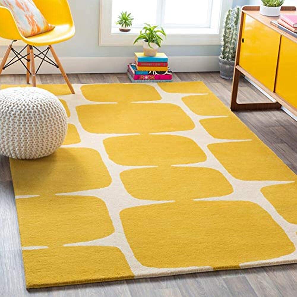 - Anshika Carpets Handmade Tufted Woolen Modern Carpet for Home Living Room Guest Room Bedroom and Also for Hall. (Size 4 x 6 feet, Yellow & White H Color)