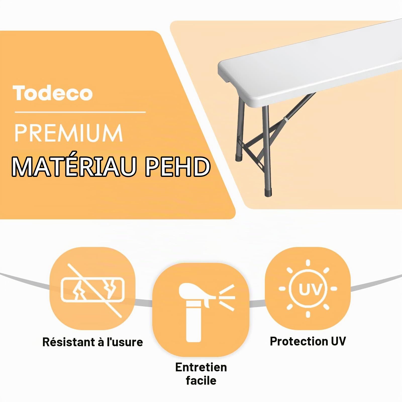 Todeco Banc Pliant Camping, 2 à 4 Personnes, 2 Pièces | Avec poignées, pieds antidérapants pour Fête Barbecue Pique-Nique, Exterieur 183 x 30 x 43 cm
