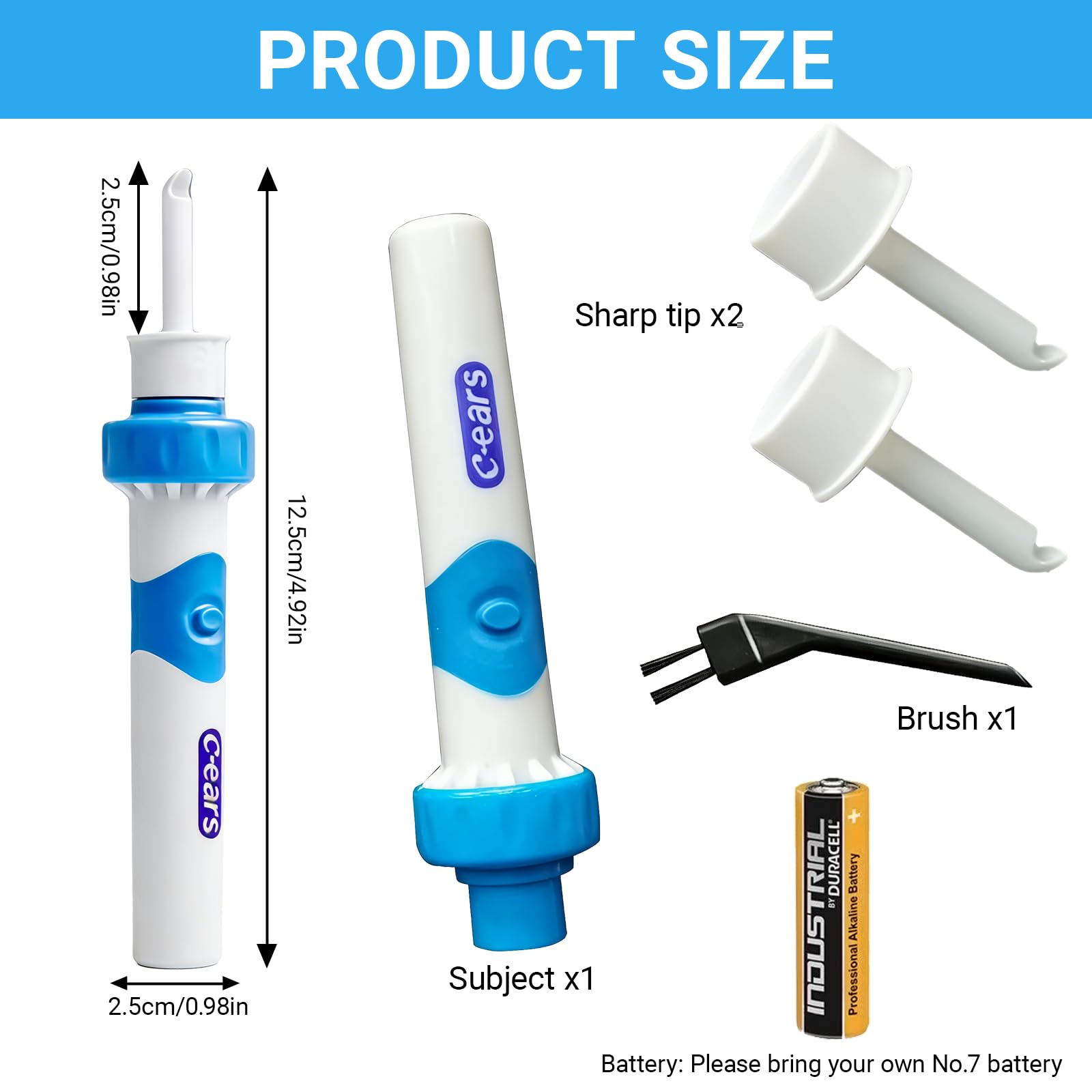 Extracteur de Cérumen Électrique,Appareil De Nettoyage Des Oreilles Pour Bebe Enfants Adulte Avec 2 Têtes de Rechange Lavables et Brosse(Utiliser Batterie NO.7)