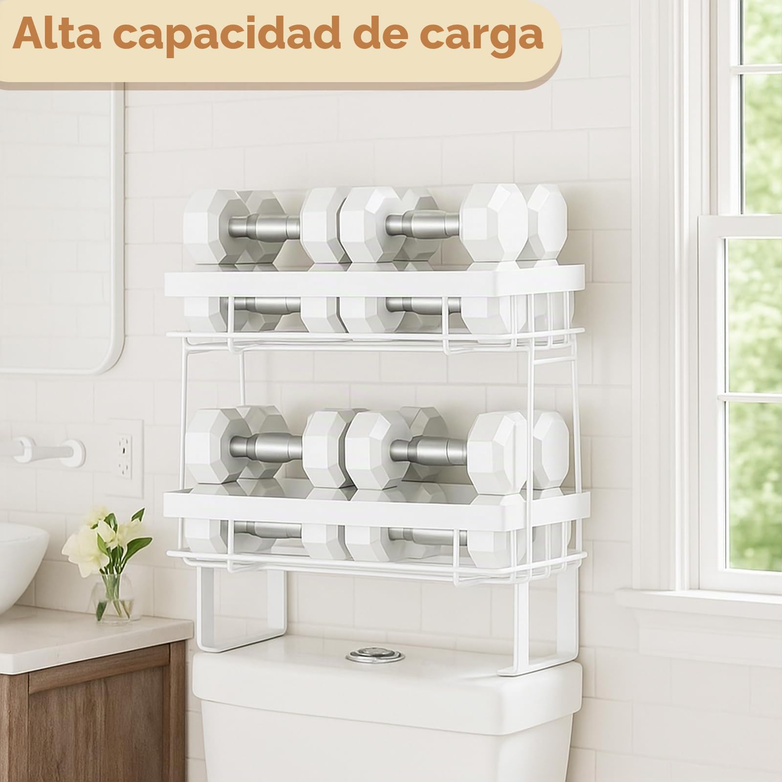 Estante de almacenamiento sobre el inodoro, organizador de gran capacidad, instalación sin taladros, acero grueso resistente al óxido, ahorra espacio (blanco, 3')