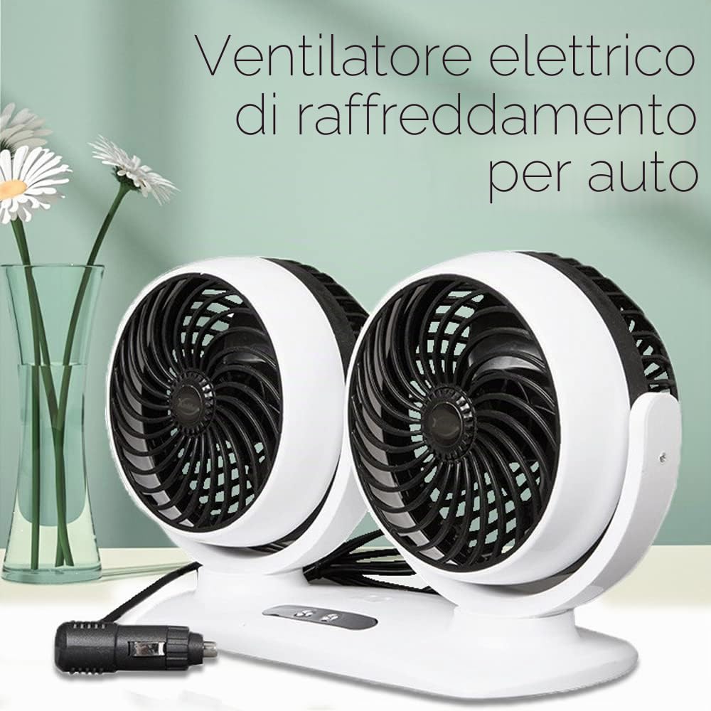 Baceyong Ventilatore Auto Doppia Testa 12V/24V, Rotazione 360° | Doppia testa girevole a 360°, 2 velocità, display LED, per auto, SUV, camion e camper 12V/24V