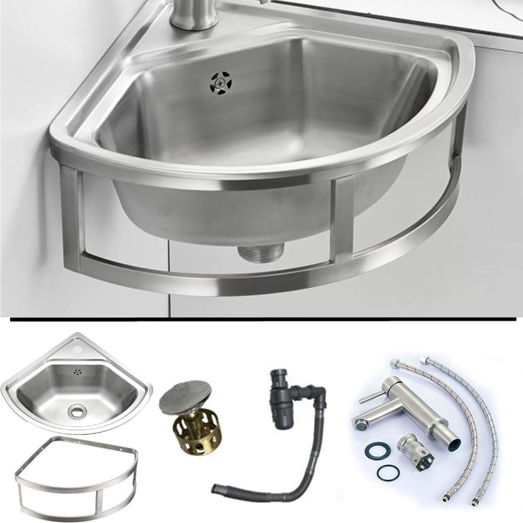 Lavello angolare da parete per bagno, 455x390 mm Lavabo da cucina Vasca Singola con Troppopieno Lavabo In Acciaio Inossidabile Lavamani per Ristorante