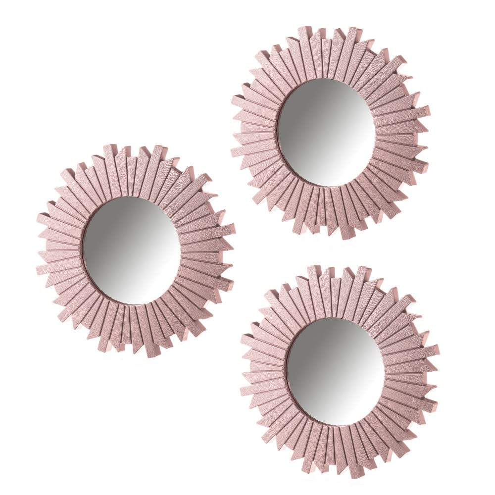 LOLAhome Set de 3 Espejos de Pared Redondos, Espejos Sol, con moldura de plástico Rosas| Decoracion Pared, Decoración Espejo Redondo para casa, Dormitorio, salón