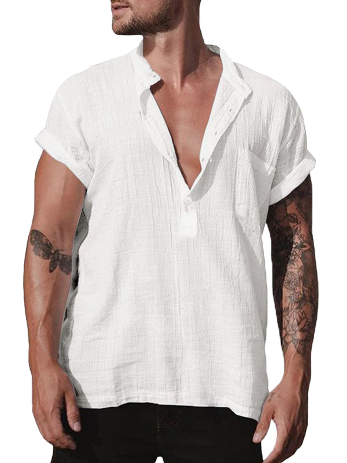 Halfword Camisas de lino para hombre, de manga corta, cuello henley, de algodón, con botones, para vacaciones, bodas
