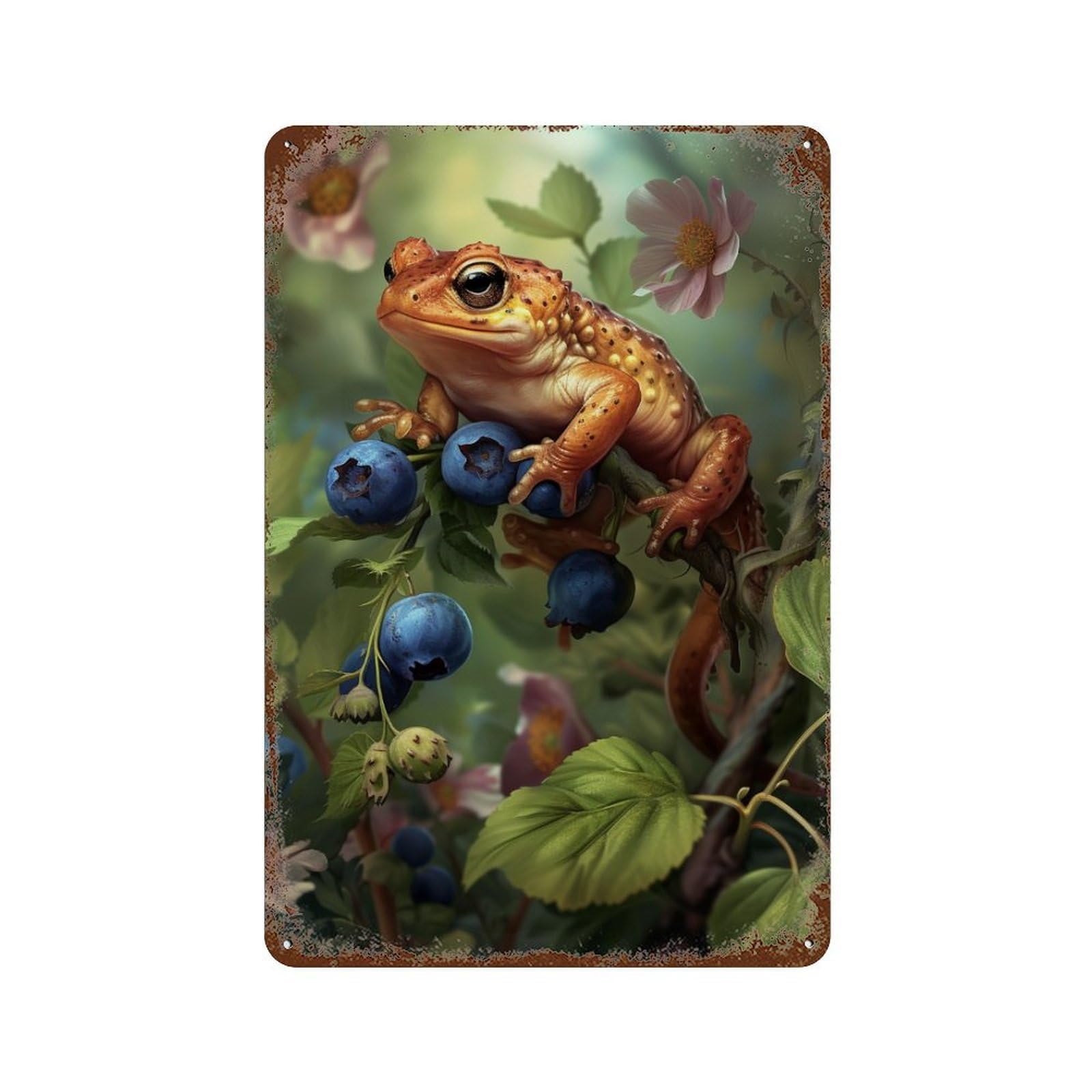 Frog with Blueberries in Nature Vintage Rust Metal Sign 11.8"x7.9", Farmhouse Wall Decor for Garage, Pub Or Kitchen