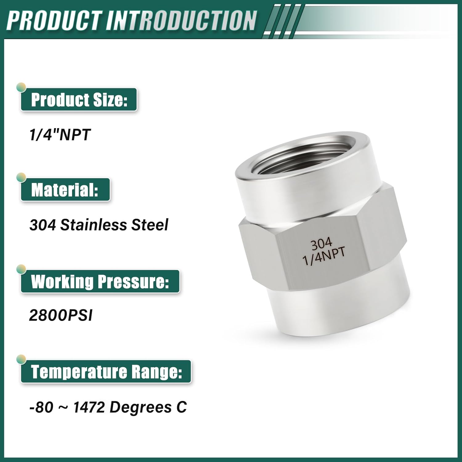 5PCS 304 Stainless Steel Forging Pipe Fitting, Coupling, 1/4" NPT Female x 1/4" NPT Female Pipe Fitting, for fuel/air/liquid/oil/gas