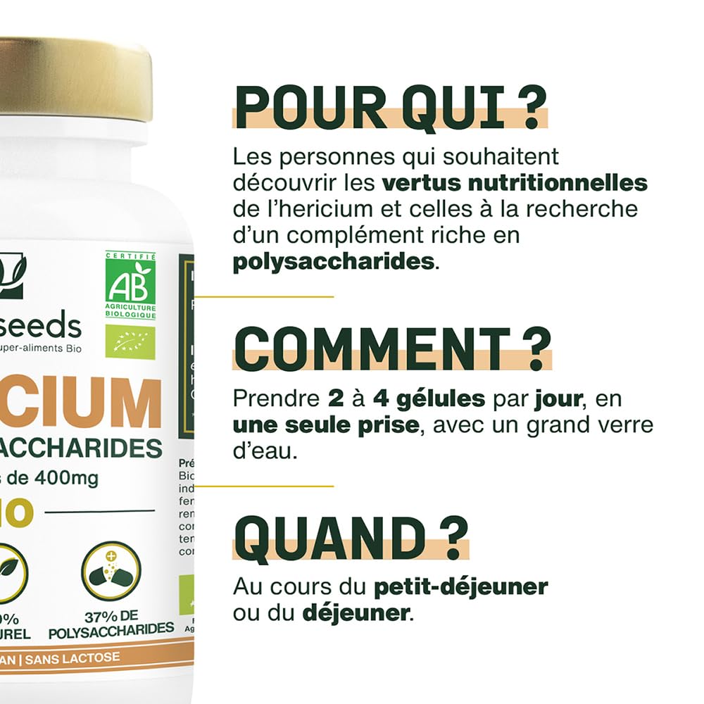 Hericium Erinaceus BIO | Champignon de la Mémoire | Hautement Dosé, 37% Polysaccharides | 120 gélules vegan | Lion’s Mane, Vegan, Sans Additifs | Qualité Supérieure | Fabriqué en France