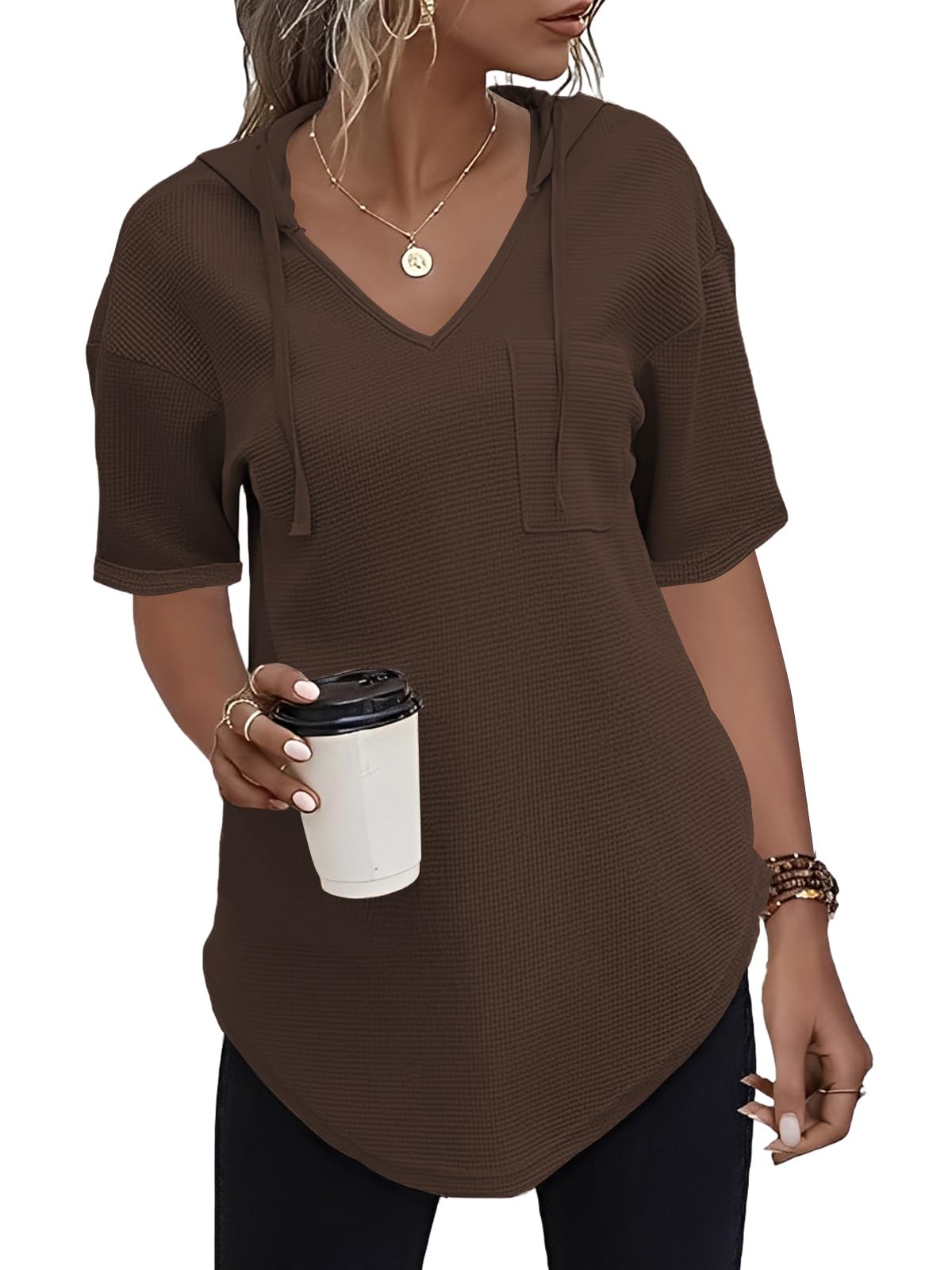 Cuptacc Oberteile Damen Sommer T Shirt V Ausschnitt Kurzarm Hoody Tshirt Waffelstrick Oberteile Chic Dunkler Kaffee,L 42-44