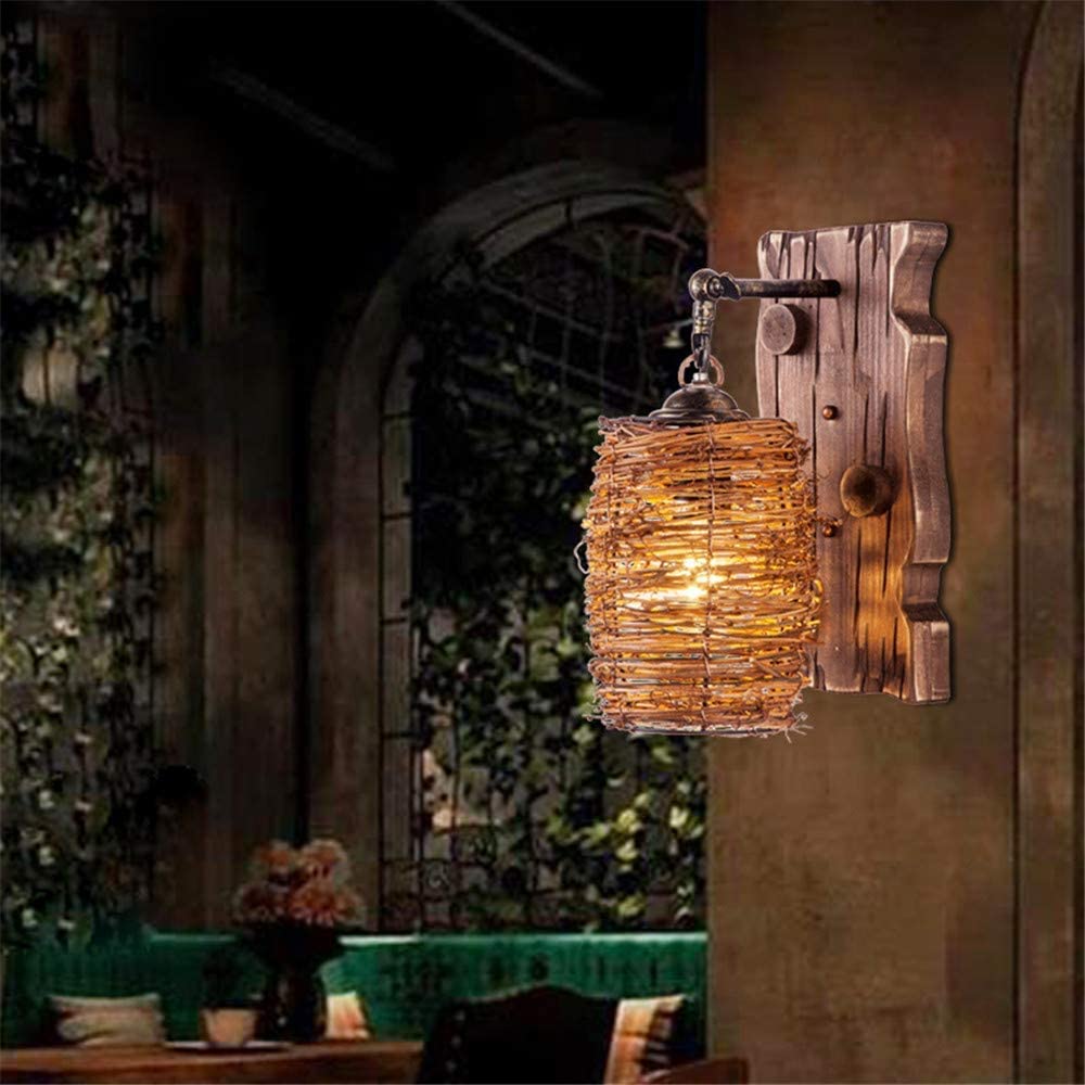 Applique Murale Industrielle En Bois Réglable Intérieur Downlighter Bambou Tissé À La Main Évider Abat-Jour E27 Support En Métal Loft Lanterne Applique Murale Chevet Salon Chambres Café Rétro Edison