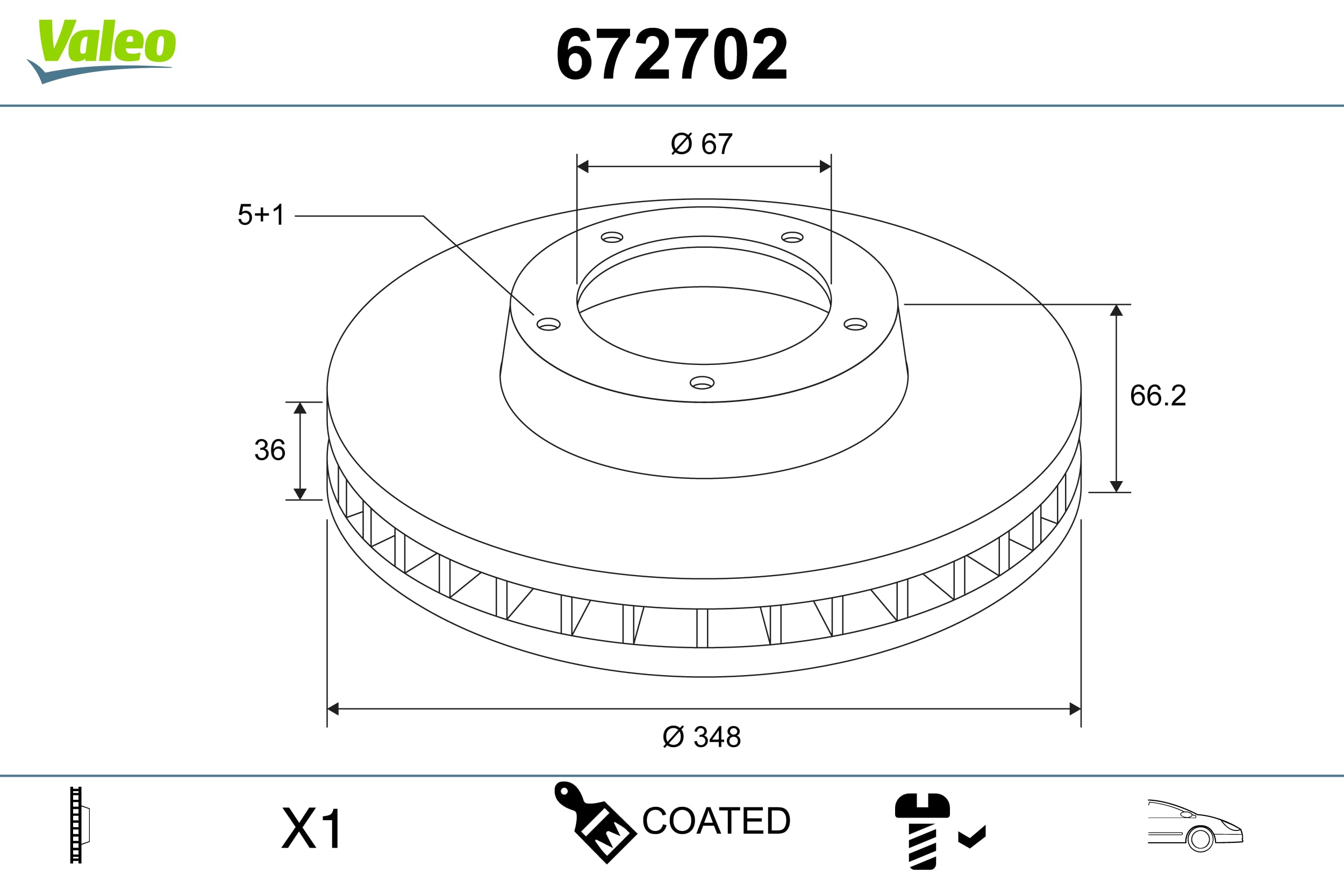 Valeo Disco de Freno Revestido, Caja de 1 Disco Ventilado - Eje Delantero Izquierdo - Similar a Diseño y Calidad OE - 672702