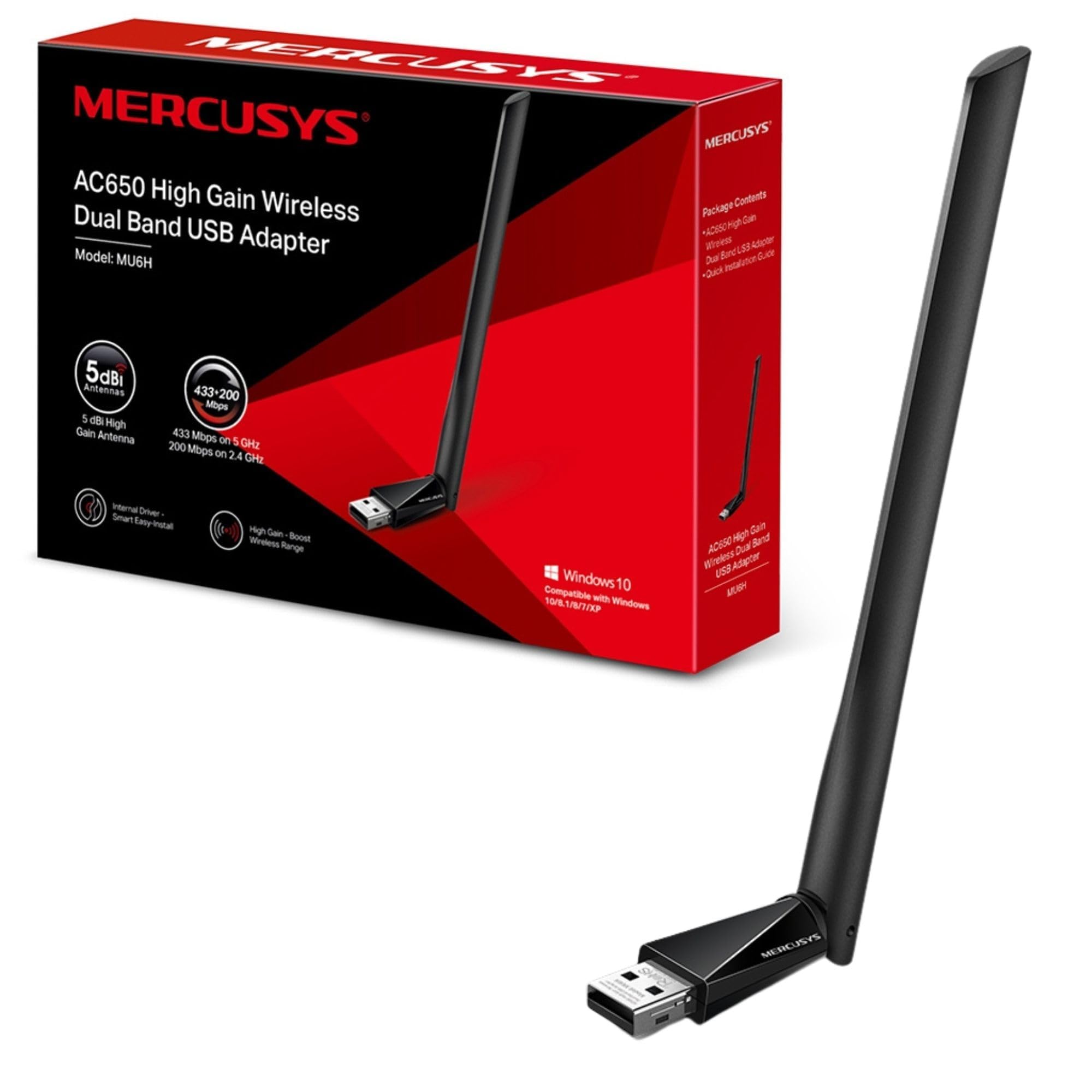 MERCUSYSAC650 High Gain Wireless Dual Band USB Adapter with 5dBi Antenna for PC/Desktop/Laptop, Supports Windows10/8.1/8/7/XP, WiFi Dongle and USB Adapter for Enhanced Connectivity (MU6H)