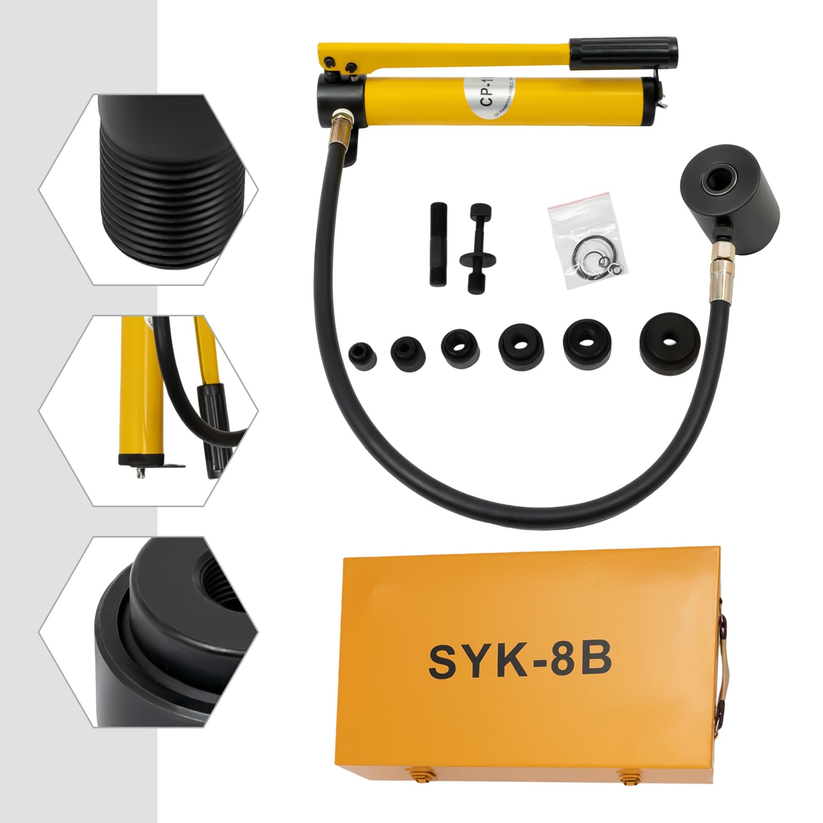Perforadora hidráulica de 8 T, 22-60 mm, perforadora hidráulica manual, juego con 6 matrices opcionales, adecuado para una amplia gama de materiales como aluminio, acero y plástico