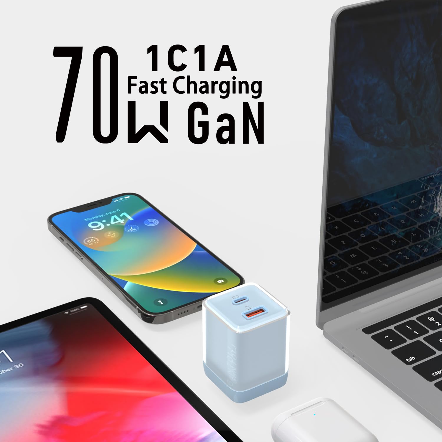 USB C Charger 70W, GaN 2 Port Compact Fast Wall Charger for MacBook Pro/Air, iPad Pro, Galaxy S23, Dell XPS 13, Note 20/10+, iPhone 15/Pro, Steam Deck, and More, Blue