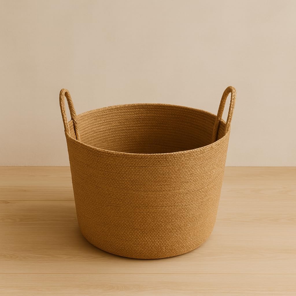 Handwoven Jute Storage Basket with Handles – Natural Woven Organizer Bin for Laundry, Blankets, or Toys – Eco-Friendly, Durable & Stylish Decorative Basket for Living Room or Bedroom