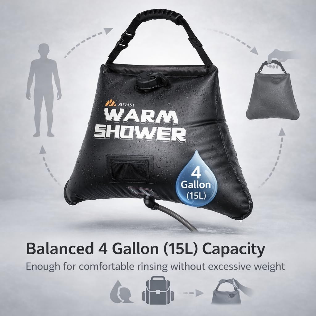 Sac de douche solaire, 15 l, douche solaire portable en TPU pour le camping et le nettoyage en plein air, avec tuyau et sac de transport