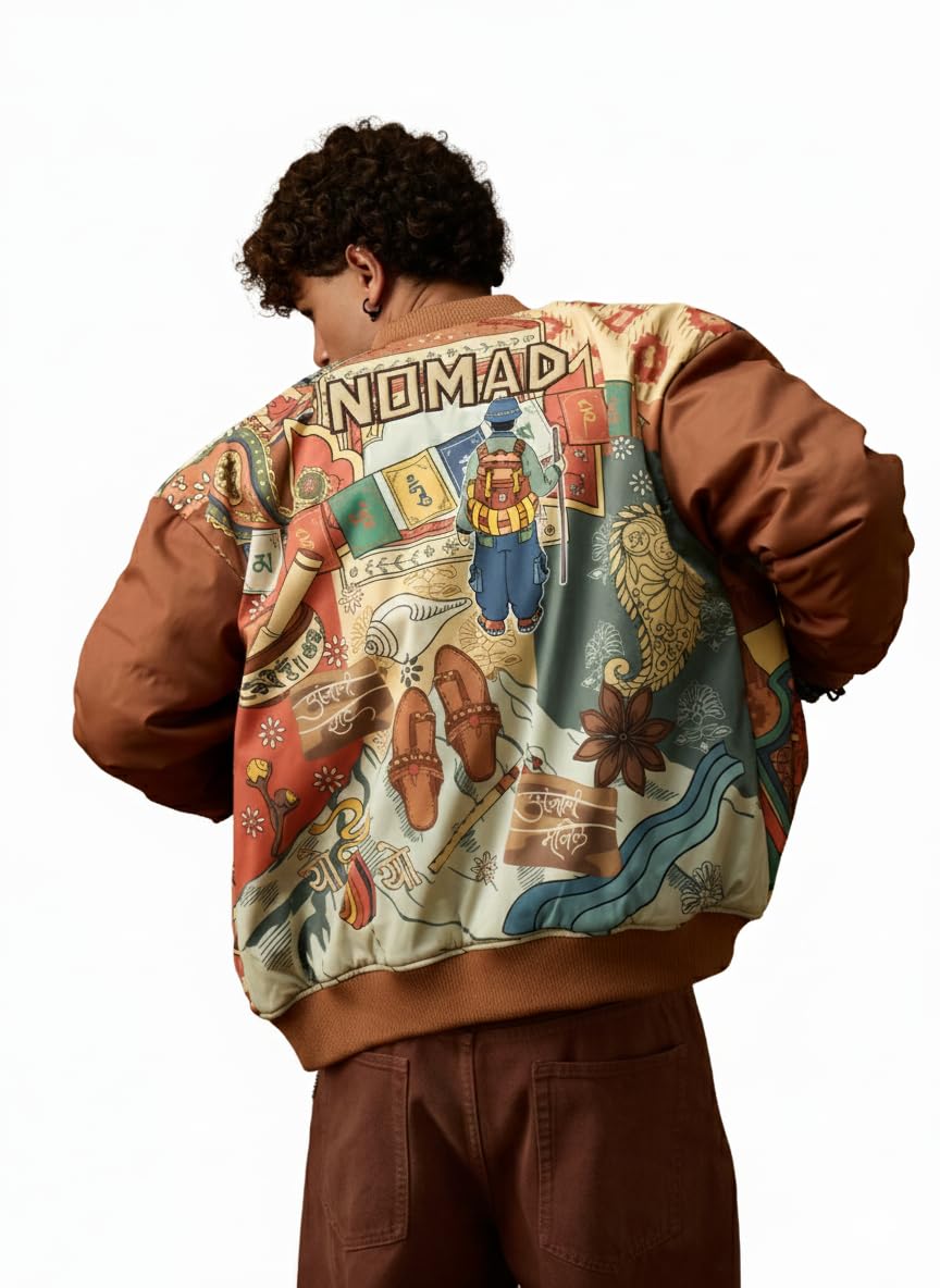 the souled store Nomad: Musafir Men and Boys Full Sleeves Spread Collar Brown Graphic Printed Polyester Oversized Fit Ribbed Cuffs Casual Winter Bomber Jacket-picture-16