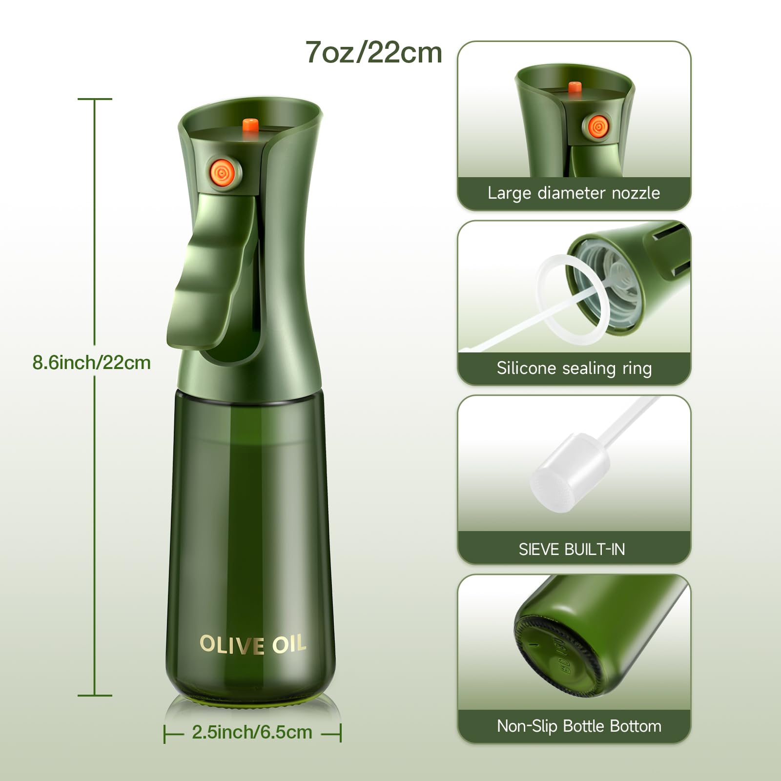 Spruzzatore di olio d'oliva in vetro per cucinare, nebulizzatore di olio spray continuo per cottura con controllo delle porzioni per cucina 200ml/7oz (bottiglia verde)