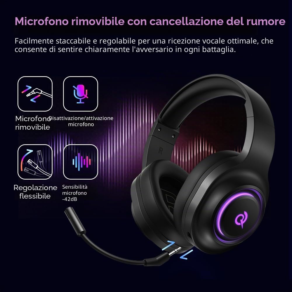QCY Cuffie Gaming per PC/PS5/PS4/Switch, HEROAD V200 Cuffie over ear, USB-C, Batteria da 240 ore, Audio Surrounqchd 7.1, 2,4GHz Cuffie Wireless per multipiattaforma, Bluetooth 6.0