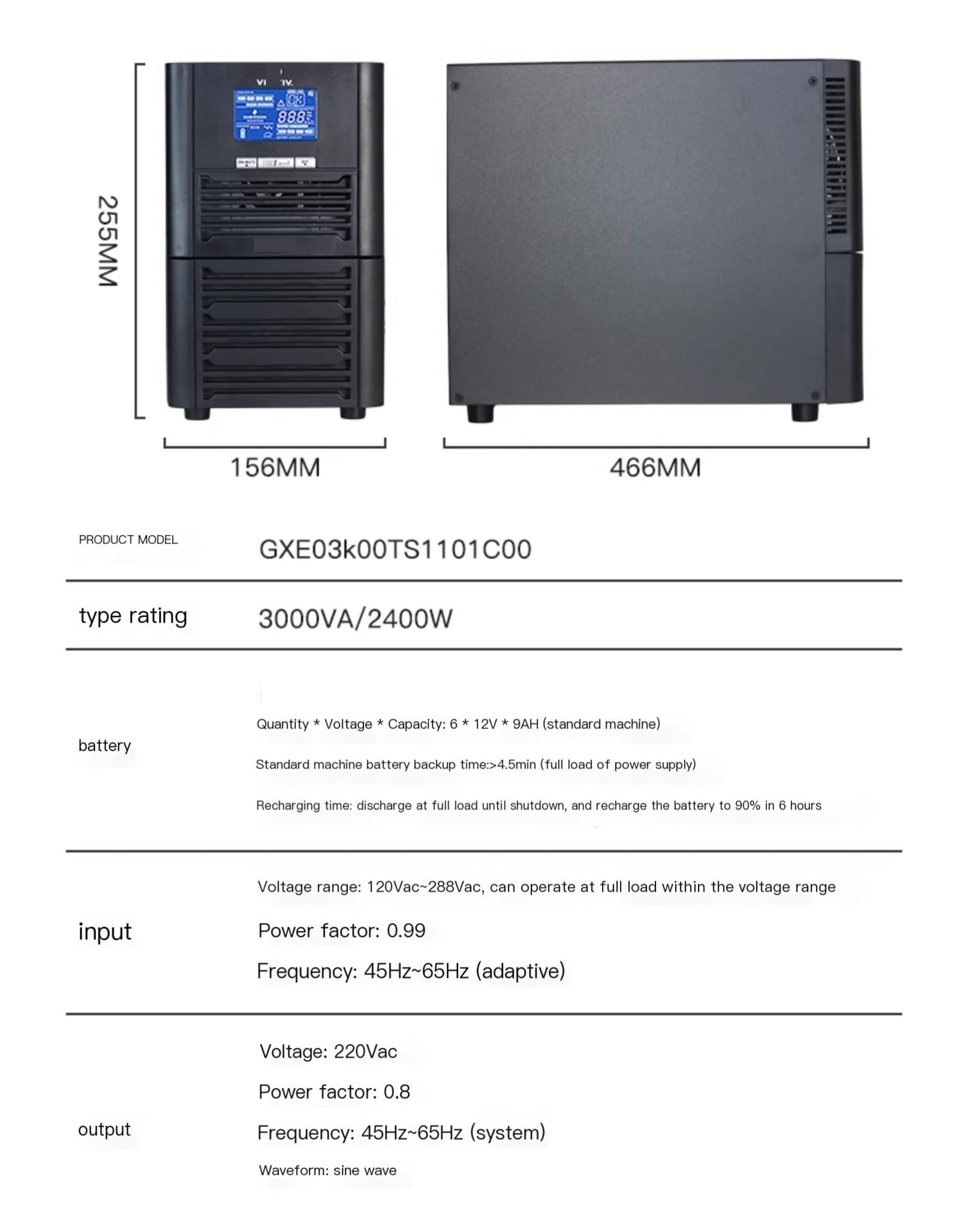 Zasilacz awaryjny UPS 220 V GXE3KTS typu on-line