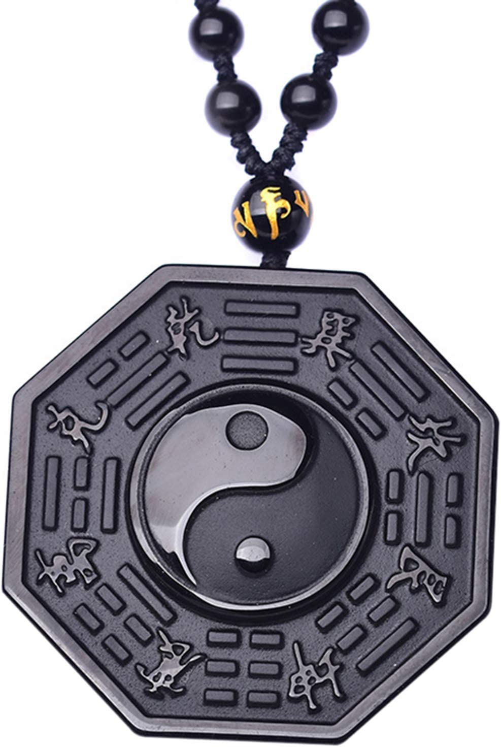 Edirftra Women's Black Natural Obsidian Necklace Tai Chi Octagonal Pendant Bagua Nature Noir Obsidian Yin Yang Bagua Pendant With Collar For Men.