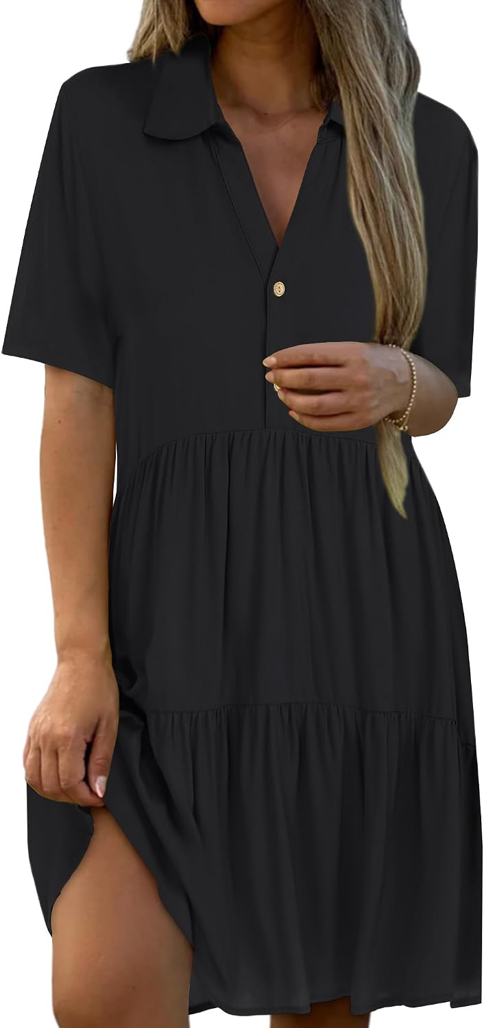 Women's Lapel Summer Button Front Knee Length Flattering Loose Fitting Casual Dresses