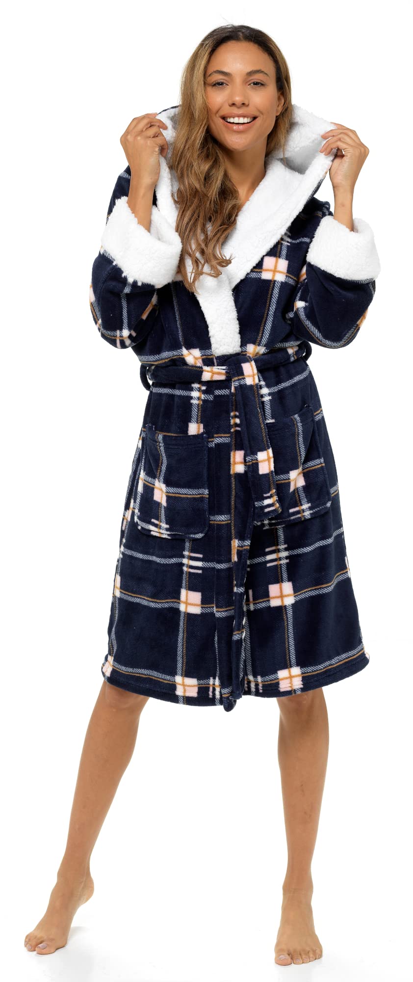 Lora Dora Peignoir pour Femmes Peignoir Luxe à Carreaux Tartan à Capuche doublée Sherpa