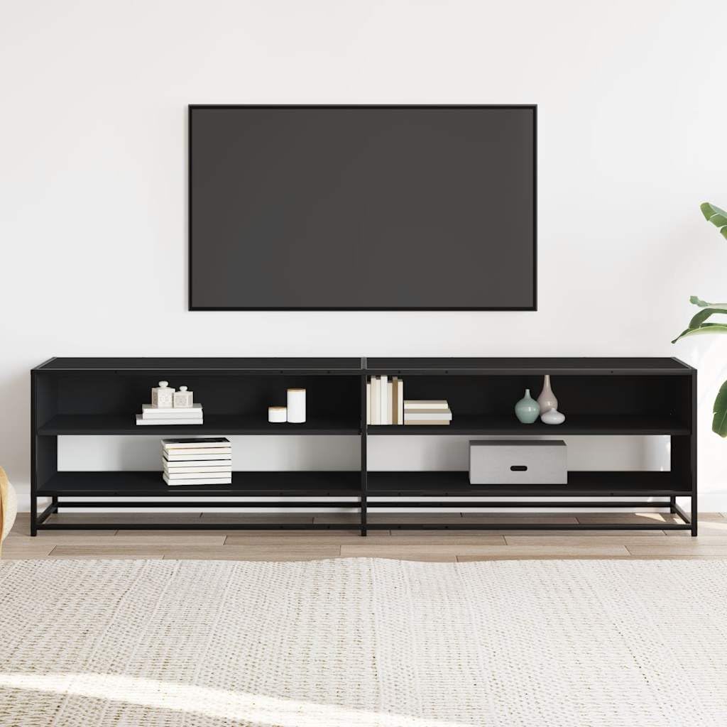 Mobile TV nero in legno e metallo, 180,5 x 40 x 46 cm, con 4 scomparti, spazio e ripiano per soggiorno, camera da letto, home theatre, gaming