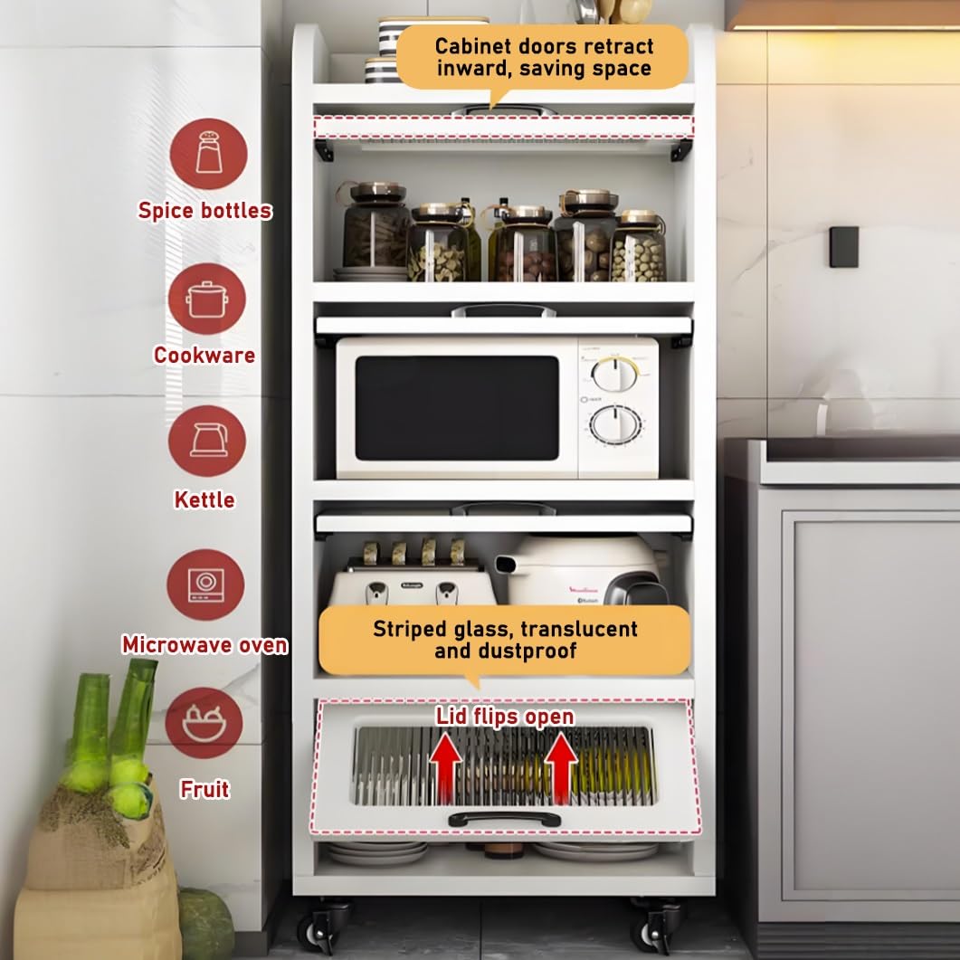 Estante para especias, carrito de almacenamiento delgado, carrito de cocina móvil con ruedas, puertas de vidrio templado, estante estrecho, organizador de ahorro de espacio