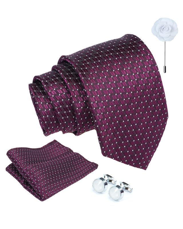 Axlon Micro Dotted Tie For Men – Formal Ties Set With Pocket Square, Cufflink & Flower Pin With Gift Box For Mens, Silk Fabric Neckties Gift Sets For Men’s (SD4)